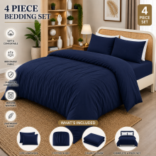 (Navy Blue, Super King) Duvet Cover Set with Fitted Sheet & Pillowcases