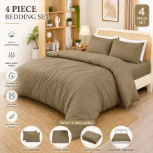 (Beige, Double) Duvet Cover Set with Fitted Sheet & Pillowcases