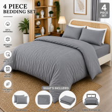 (Grey, Double) Duvet Cover Set with Fitted Sheet & Pillowcases