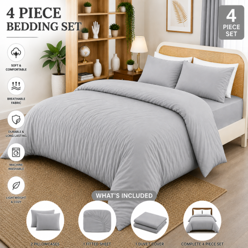 (Silver, Double) Duvet Cover Set with Fitted Sheet & Pillowcases