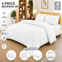 (White, Double) Duvet Cover Set with Fitted Sheet & Pillowcases