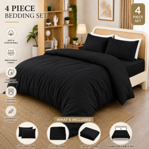 (Black, Double) Duvet Cover Set with Fitted Sheet & Pillowcases