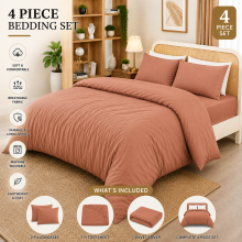 (Peach, Super King) Duvet Cover Set with Fitted Sheet & Pillowcases