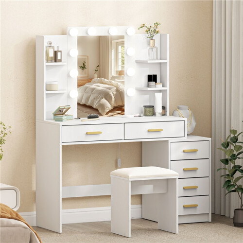 Dressing Table Set with LED Mirror, Stool and Storage 2