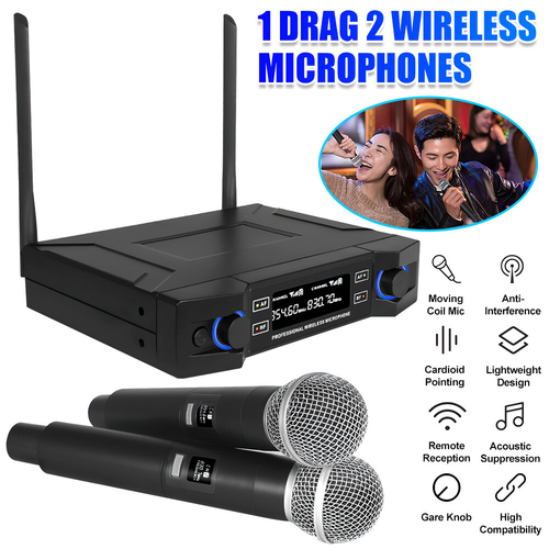 Professional 2 Channel UHF Wireless 2 Microphone Mic System Cordless Handheld UK 1