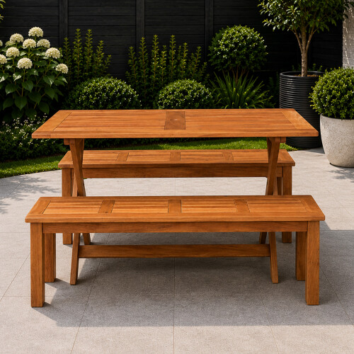 Samuel Alexander Outdoor 4 Person Rectangular Wooden Garden Dining Table with 2 Benches