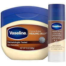 Vaseline Rich Moisturizing Healing Jelly Cocoa Butter,13 oz Bundled with Cocoa Shimmer Stick,1.4 oz. Provides Radiant and Shimmering Moisturized Skin