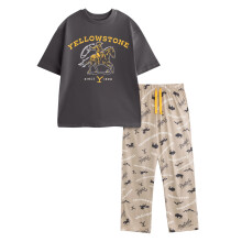 (M, Grey/Brown) Yellowstone Mens Character Short-Sleeved Long Pyjama Set