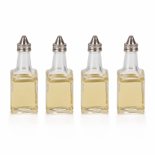 SUNNEX Glass Oil and Vinegar Bottles 4 Pack Boxed 170ml 6oz Clear with Steel Fittings for Hospitality Catering and Home Dining Use Dishwasher Safe