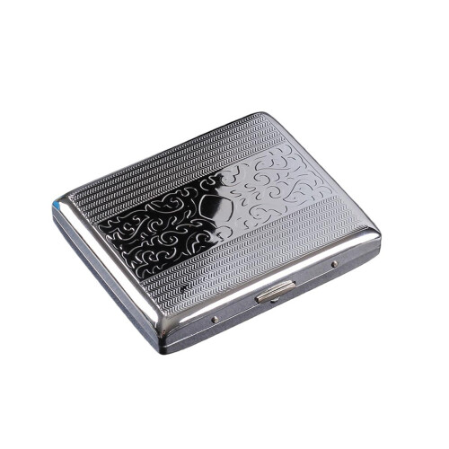 Silver Metal Cigarette Case with Double-Sided Arabesque Pattern - Holds 20 Regular Size Cigarettes