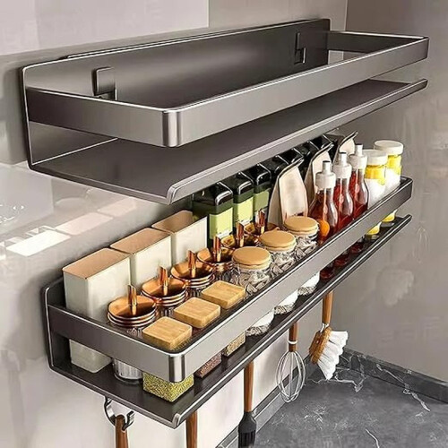 Adhesive Spice Rack Wall Mount Organizer with Hooks Kitchen Shelf 2