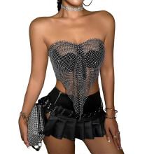 Verleidelijke zwarte bandeau top van netstof met unieke strikjes, mouwloze crop top voor dames, trendy top voor dames, zwart S
