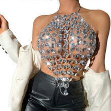 Acryl-Körperkette mit Strasssteinen, Neckholder, rückenfrei, Top, Körperschmuck für Strandfestivals, Silber, Größe M