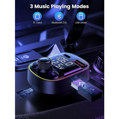 FM Transmitter Charger 7-Color LED Light Car Bluetooth Hands-Free Call Adapter 2
