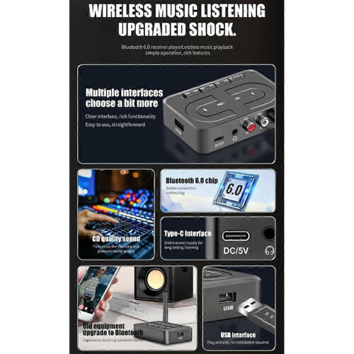 Bluetooth 6.0 Receiver 3.5mm AUX 2RCA USB Hi-Fi Stereo for PC Car Speaker Amplifier 1