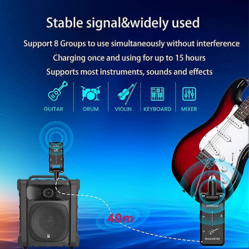 2.4GHz 8CH Rechargeable Wireless Guitar System Transmitter Receiver 1to1 2