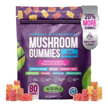 Mixed Fruit Ashwagandha and Lions Mane Mushroom Gummies, Stress Relief, Immune Support, 60 Count