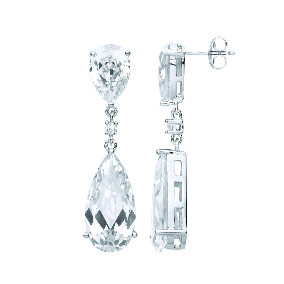 Jewelco London Ladies Rhodium Plated Sterling Silver Pear Cz Magic Mirror Raindrop Drop Earrings - Eag1089