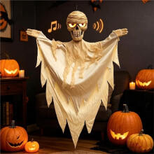 Hanging Mummy Decoration with Voice, Activated Scary Sounds, Glow in the Dark Halloween Prop with Realistic Glowing Eyes