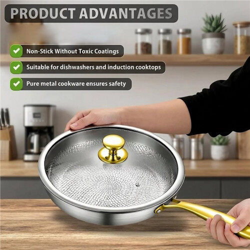 12" Titanium Plated Hammered Frying Pan Skillet W/ Lid No Coating Cookware 1