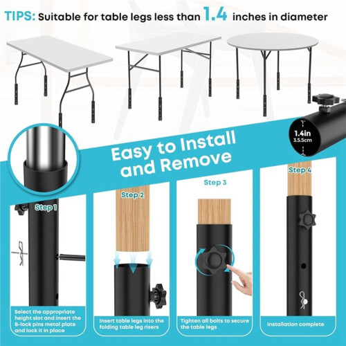 4 Pcs 3-LEVEL Adjustable Table Leg Risers, Highly Steel Folding Table Leg Extenders, Tables Legs Extensions