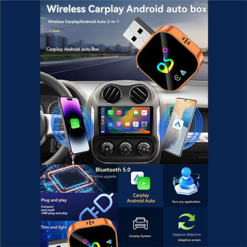 Wireless Carplay Android AUTO 2in1 AI Box Adapter Location Finder Function Bluetooth5.0+WiFi Wired to Wireless Carplay A 2