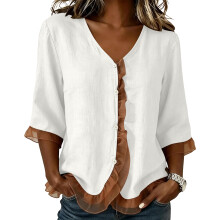 Women's V-neck 3/4Sleeve Cotton-linen Blend Imitation-White XXL