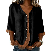 Women's V-neck 3/4Sleeve Cotton-linen Blend Imitation-Black XL