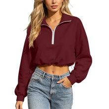 Cropped Sweatshirts for Women Long Sleeve Half Zip-Burgundy S