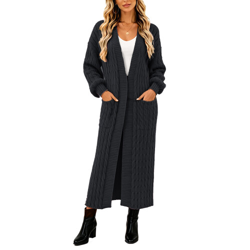 Women's Thin Type Stylish Cable Knit Cardigan with-Dark Grey S