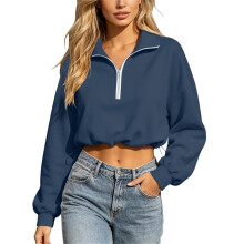 Cropped Sweatshirts for Women Long Sleeve Half Zip-Navy Blue M