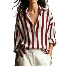 Women's Striped Button Down Shirt Long Sleeve-Burgundy L