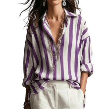 Women's Striped Button Down Shirt Long Sleeve-Purple XL