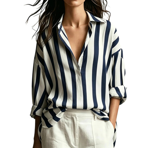Women's Striped Button Down Shirt Long Sleeve-Navy Blue L