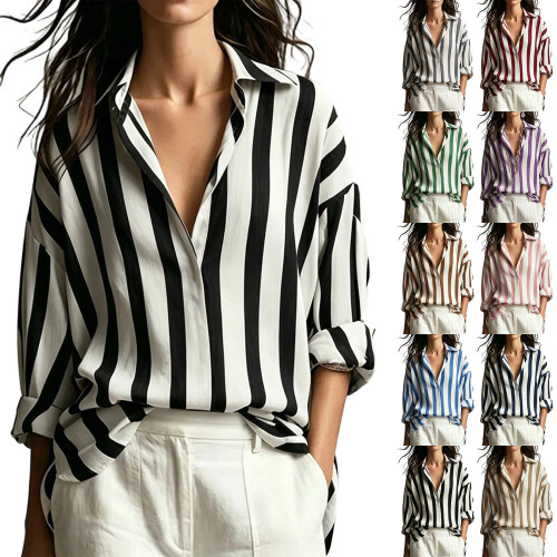 Women's Striped Button Down Shirt Long Sleeve Collared-Camel L 2