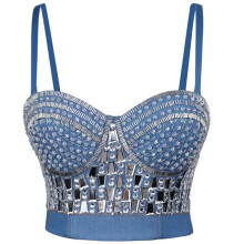 Dame Avtakbar Stroppe Push Up Jeans Bustier Camisole Strass Perler Fiskebens Korsett Vest Shapewear Crop Top Blå XS