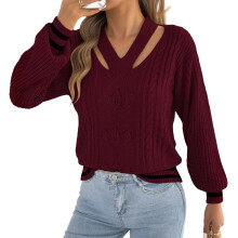 Women's V Neck Floral Hollow Out Lantern Long-Burgundy XL