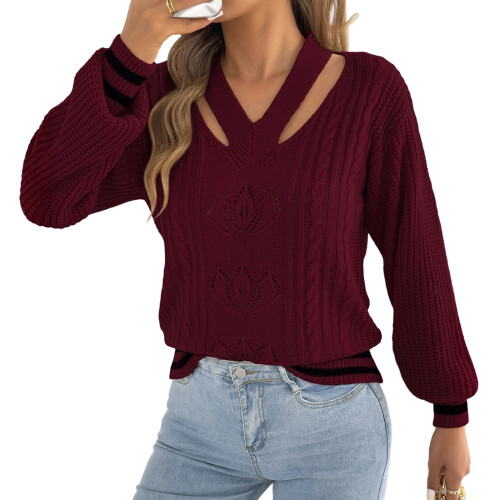 Damen-Strickpullover mit V-Ausschnitt,-Burgunderrot XL
