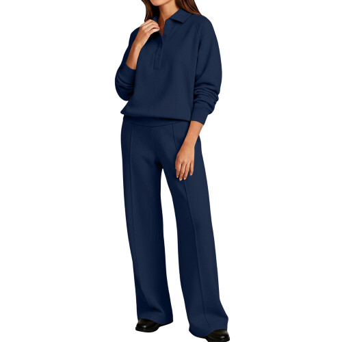 Sweatsuits For Women Set 2 Piece Collared Long-Navy Blue M