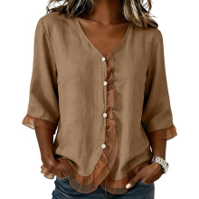 Women's V-neck 3/4Sleeve Cotton-linen Blend-Light Brown XL