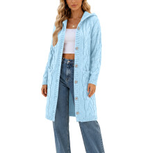Women Hooded Open Front Cardigan Cable Knit Sweaters-Sky Blue L