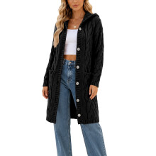 Women Hooded Open Front Cardigan Cable Knit Sweaters-Black 5XL