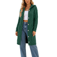 Women Hooded Open Front Cardigan Cable Knit Sweaters-Green XXXL