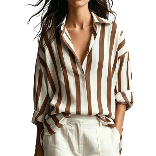 Women's Striped Button Down Shirt Long Sleeve Collared-Camel L
