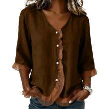 Women's V-neck 3/4Sleeve Cotton-linen Blend-Dark Brown XXL