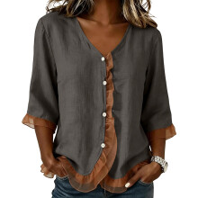 Women's V-neck 3/4Sleeve Cotton-linen Blend Imitation-Gray XL