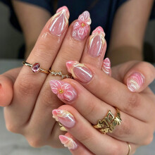 Pink Gradient Press On Nail with 3D Flower Design, Glossy Almond