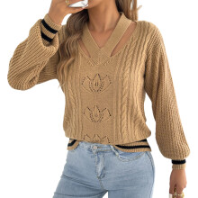 Women's V Neck Floral Hollow Out Lantern Long Sleeve-Khaki L