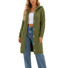 Women Hooded Open Front Cardigan Cable Knit-Army Green S