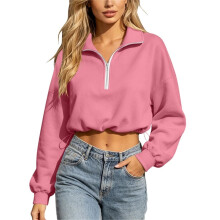 Cropped Sweatshirts for Women Long Sleeve Half Zip-Pink S
